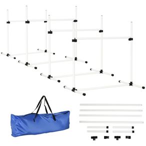4 Piece Dog Agility Training Equipment for Dog Agility Course with Adjustable Height Jump Bars, Included Carry Bag, & Displacing Top Bar, White