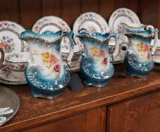 Late Victorian / Edwardian Turquoise Floral Ceramic Jugs
