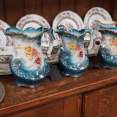 Late Victorian / Edwardian Turquoise Floral Ceramic Jugs