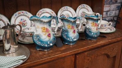 Late Victorian / Edwardian Turquoise Floral Ceramic Jugs