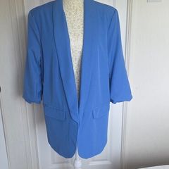 Electric Blue Open Front Blazer Jacket Ruched Sleeve Smart Casual Layering