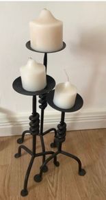 3 Heavy Wrought Iron Candle Stands & Candles