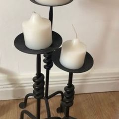 3 Heavy Wrought Iron Candle Stands & Candles
