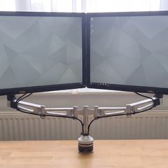Humanscale Dual Monitor Arm  Silver Desk Mount  Storage Clearance