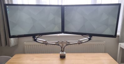 Humanscale Dual Monitor Arm  Silver Desk Mount  Storage Clearance