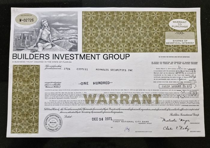 Builders Investment Group 100 Shares 1971