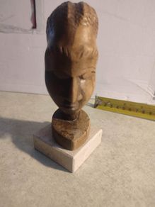 Head Sculpture African Tribal Carved  Wood ON MARBLE PLINTH.