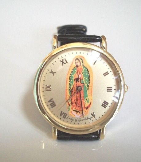 Lady of Guadalupe watch with black leather strap