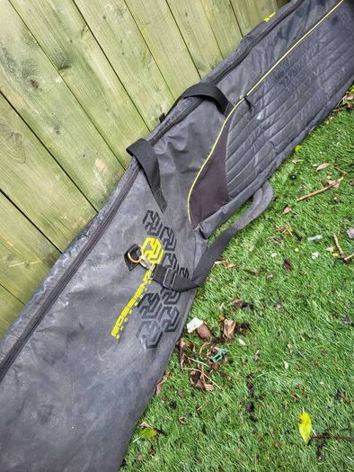 snowboard, bindings and bag