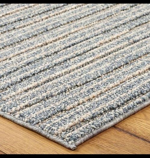 Blue loop rug thin pile stripes