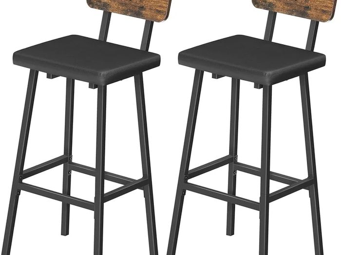 Bar Stools Set of 2, PU Upholstered Breakfast Bar Stools, Industrial Barstools with Backrest and Footrests, Bar Chairs for Kitchen, Dining Room, Bar, Rustic Brown and Black