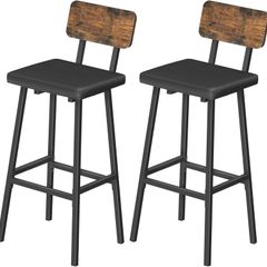 Bar Stools Set of 2, PU Upholstered Breakfast Bar Stools, Industrial Barstools with Backrest and Footrests, Bar Chairs for Kitchen, Dining Room, Bar, Rustic Brown and Black