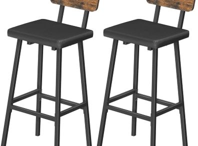 Bar Stools Set of 2, PU Upholstered Breakfast Bar Stools, Industrial Barstools with Backrest and Footrests, Bar Chairs for Kitchen, Dining Room, Bar, Rustic Brown and Black