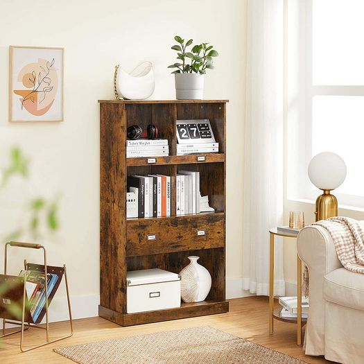 _Bookcase, with 4 levels, bookcase, standing shelf, with label holders and one drawer, for office, living room, bedroom, 67.5 x 30 x 120 cm, vintage brown