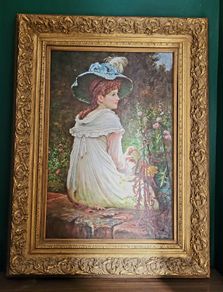 Antique Lady in garden oil painting in ornate gilt gesso frame - 4ft x 3ft