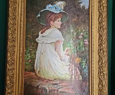 Antique Lady in garden oil painting in ornate gilt gesso frame - 4ft x 3ft
