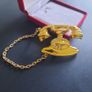 Gold Tone Rotary Telephone Brooch with Chain | 80s 90s Style Novelty Kitsch Jewelry | Old Fashioned Phone Pin Badge Image 2