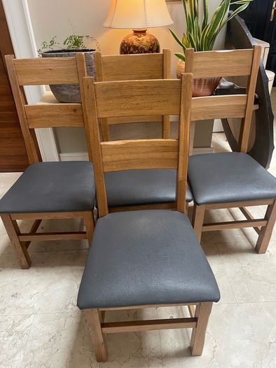 4 x Extremely Solid Genuine Grey Leather Oak Kitchen Dining Chairs - Can Deliver
