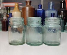 234 - Set of 3 Vintage Clear Glass Bottom Embossed Letters Science Medicine Pills Chemicals Collectible Decorative Jars