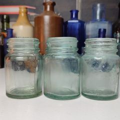 234 - Set of 3 Vintage Clear Glass Bottom Embossed Letters Science Medicine Pills Chemicals Collectible Decorative Jars