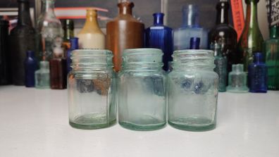 234 - Set of 3 Vintage Clear Glass Bottom Embossed Letters Science Medicine Pills Chemicals Collectible Decorative Jars