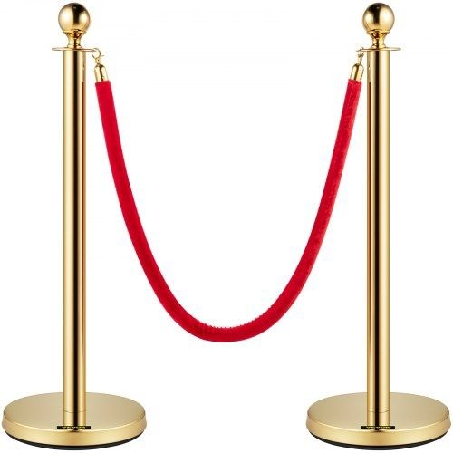 Crowd Control Stanchion, Set of 8 Pieces Stanchion Set, Stanchion Set with 5 ft/1.5 m Red Velvet Rope, Gold Crowd Control Barrier w/ Sturdy Concrete and Metal Base  Easy Connect Assembly