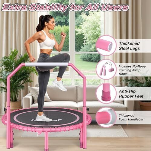 450 LBS Foldable Mini Trampoline for Adults, 40 inch Indoor Fitness Rebounder with U-Shape Adjustable Foam Handle, Quiet Bungee Jump System & Cordless Jump Ropes