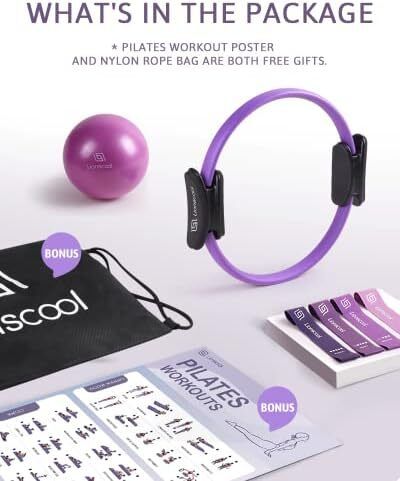 Pilates Ring Set  Premium14 inchMagic Circle with Dual Padded Handles Includes Pilates Mini Ball  Highly Elastic Resistance Bands Workout Guide & Bag