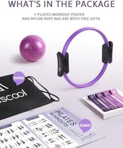 Pilates Ring Set  Premium14 inchMagic Circle with Dual Padded Handles Includes Pilates Mini Ball  Highly Elastic Resistance Bands Workout Guide & Bag