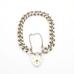 Signed Chunky Curb Chain Heart Padlock 925 Silver Bracelet