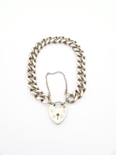 Signed Chunky Curb Chain Heart Padlock 925 Silver Bracelet