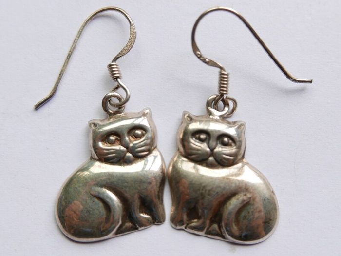 Vintage Sterling Silver Cat Earrings - 925 Hallmarked