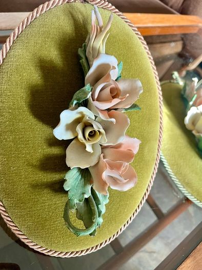 Vintage Pair Genuine Capo di monte 3D Porcelain Floral Wall Plaques with Label