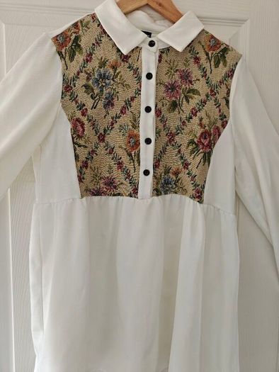 Floral long sleeve blouse for women, elegant bottoned neck, casual wear, white,