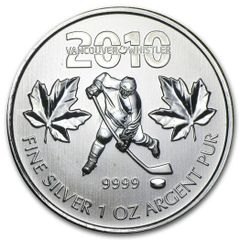 2010 Canada 5 Dollars 1 oz Silver Bullion Coin - Vancouver Olympics Ice Hockey. (In Capsule)