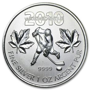 2010 Canada 5 Dollars 1 oz Silver Bullion Coin - Vancouver Olympics Ice Hockey. (In Capsule)