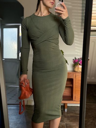 River Island Olive Green Ribbed Midi Dress XS/S