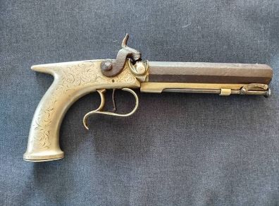 Antique 19th Century Saw-Handled Percussion Pistol - Engraved - Birmingham Proof Marks