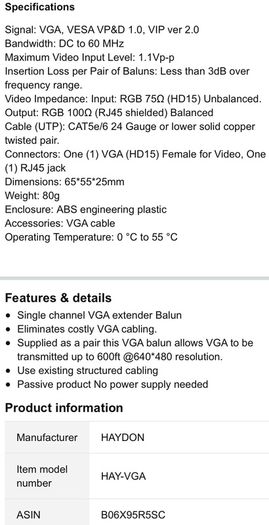 HAYDON VGA Video extender Balun