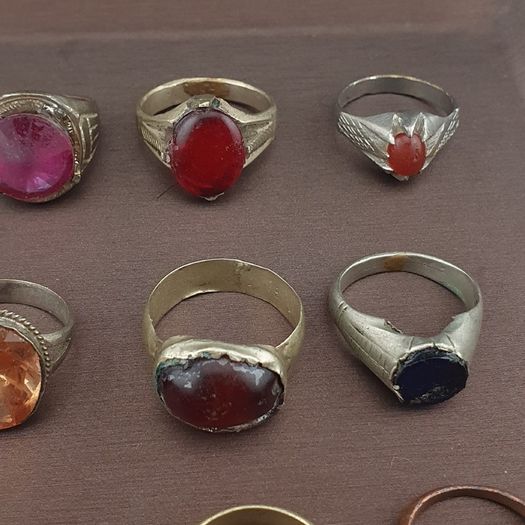 Antique Ring Collection Lot of 15 Mixed Brass Stone & Glass Rings