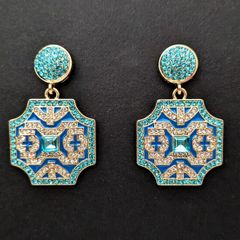 Vintage Art Deco Style Blue Crystal Drop Gold Earrings