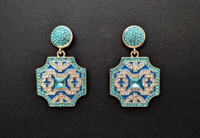 Vintage Art Deco Style Blue Crystal Drop Gold Earrings