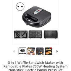 New, 3 in 1 Waffle Panini Grill Sandwich Maker with Removable Plates 750W Heating System Non-stick Electric