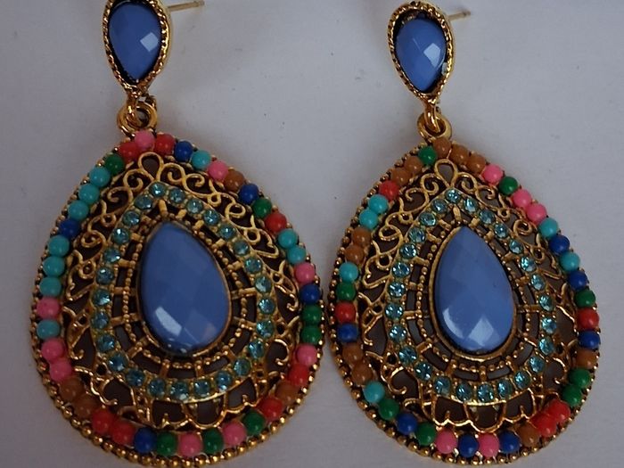 Gold Multi Coloured Crystal & Gem Boho Waterdrop Earrings