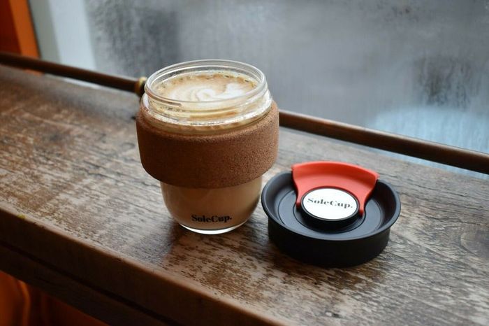 SoleCup Reusable Glass Travel Mug with Cork Band and Lid - Pink