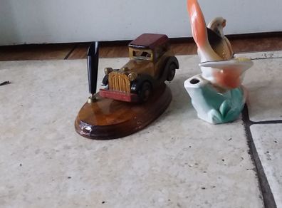 Vintage Wooden Car and Ceramic Birds Pencil/Pen Holders
