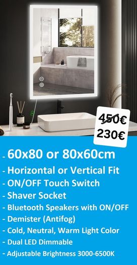 LED Mirror Makeup Shaver Socket Speakers Antifog Dual LED