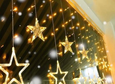LED Star Curtain Lights Connectable 2M Warm White 12 Stars 138 LEDs Window Icicle Decor Lights for Home Garden Holiday Wedding Christmas (FREE POSTAGE)