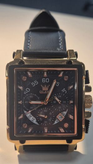 OLEVS men's chronograph watch - black dial and leather strap