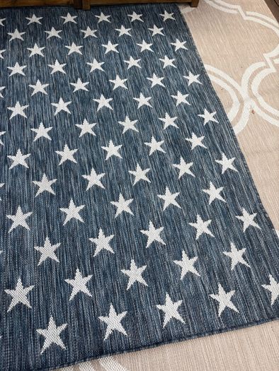 Ex display 100cm x 158cm distressed french navy and off white outdoor/indoor star rug